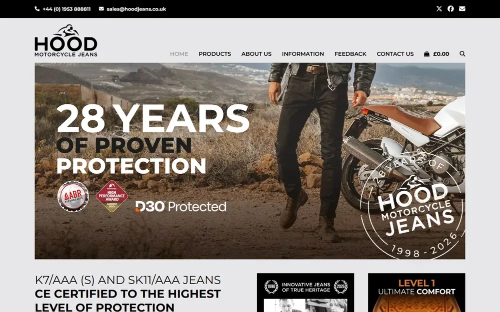 The motorcycle clothing website for Hood Motorcycle Jeans shown on a desktop browser